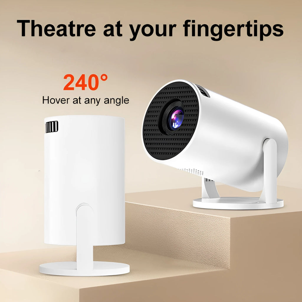 White mini wireless portable projector showing 1080p HD resolution for home use