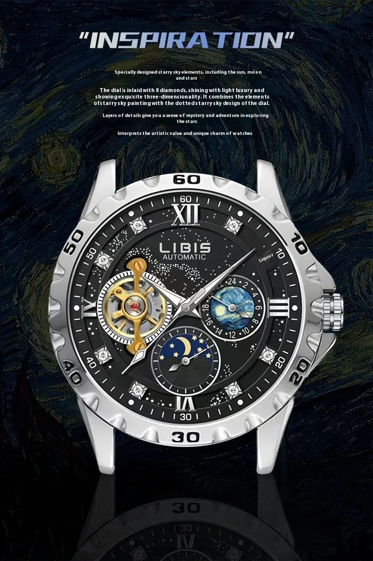 Men's silver automatic watch with black starry dial, luminous hands, and brown leather strap