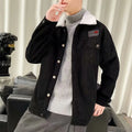 Men's loose fit corduroy workwear jacket in khaki, green, or black with sleeve pockets.
