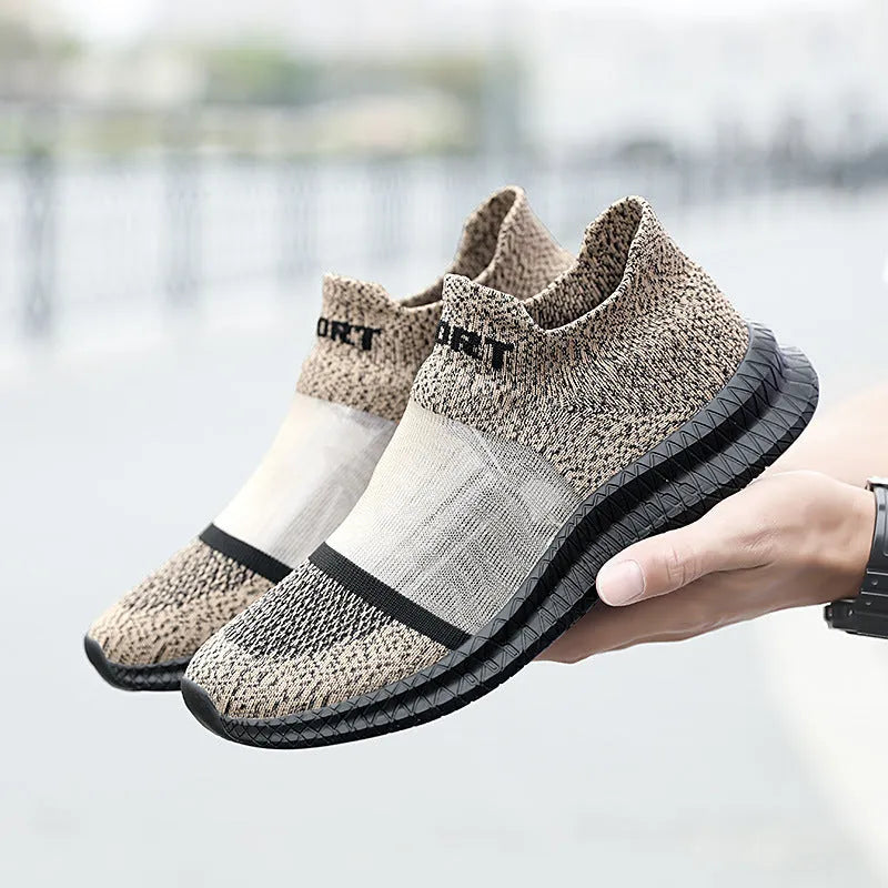 Breathable flyknit casual sports sock shoes in khaki colour with lace closure and round toe