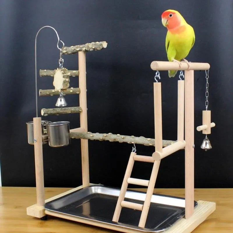 Assembled pepper wood parrot toy stand with tiger skin peony design and sub-stand pole for cage mounting.