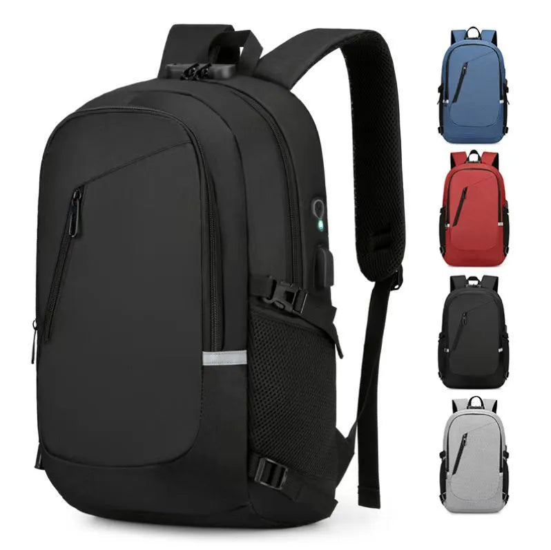 Grey Oxford cloth computer backpack for men on a table, showing front view and size.