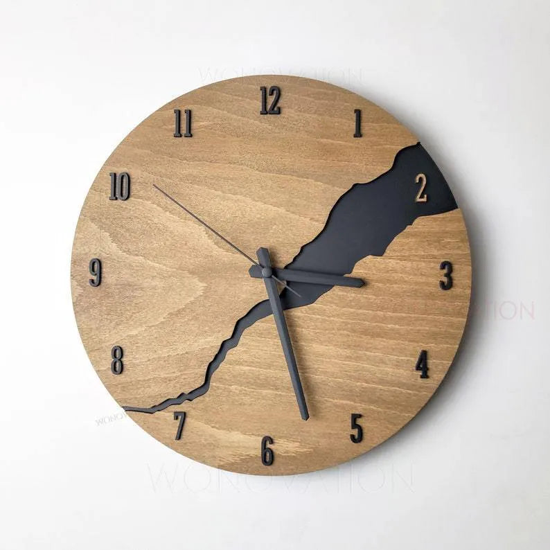 Modern wooden wall clock with a creative crack pattern design on its face, shown in one of five available colour options.