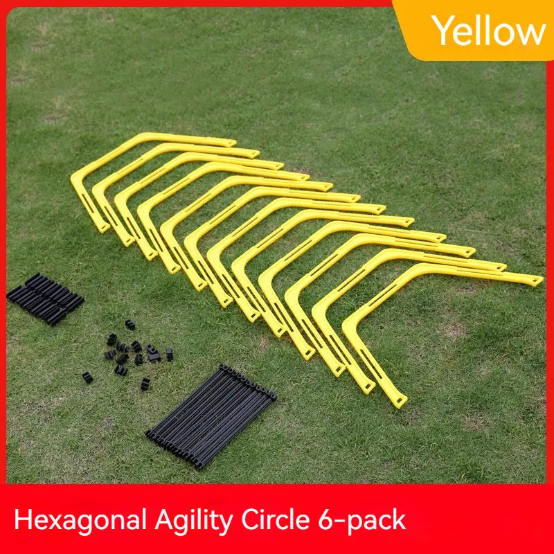 Set of six foldable hexagon football agility training rings in yellow, green and orange colours