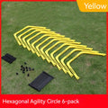 Set of six foldable hexagon football agility training rings in yellow, green and orange colours