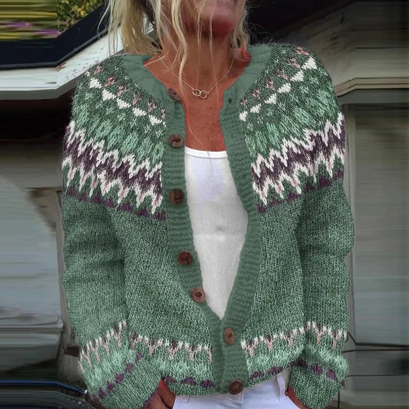 Yellow digital print knitted cardigan coat with a 3D stereo pattern, shown in a gentle cardigan style.