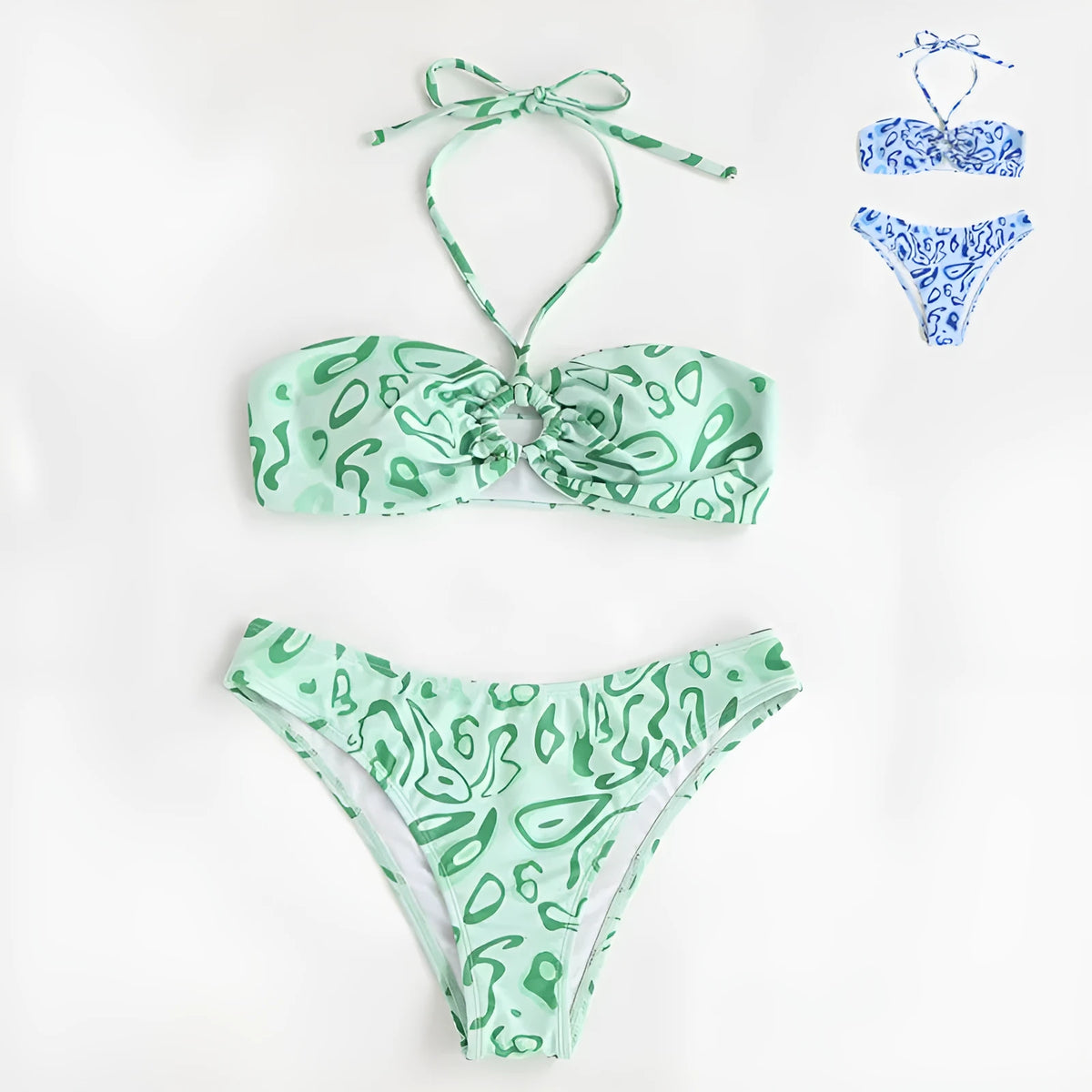 Women's blue floral bandeau bikini with split design and backless styling for swimming
