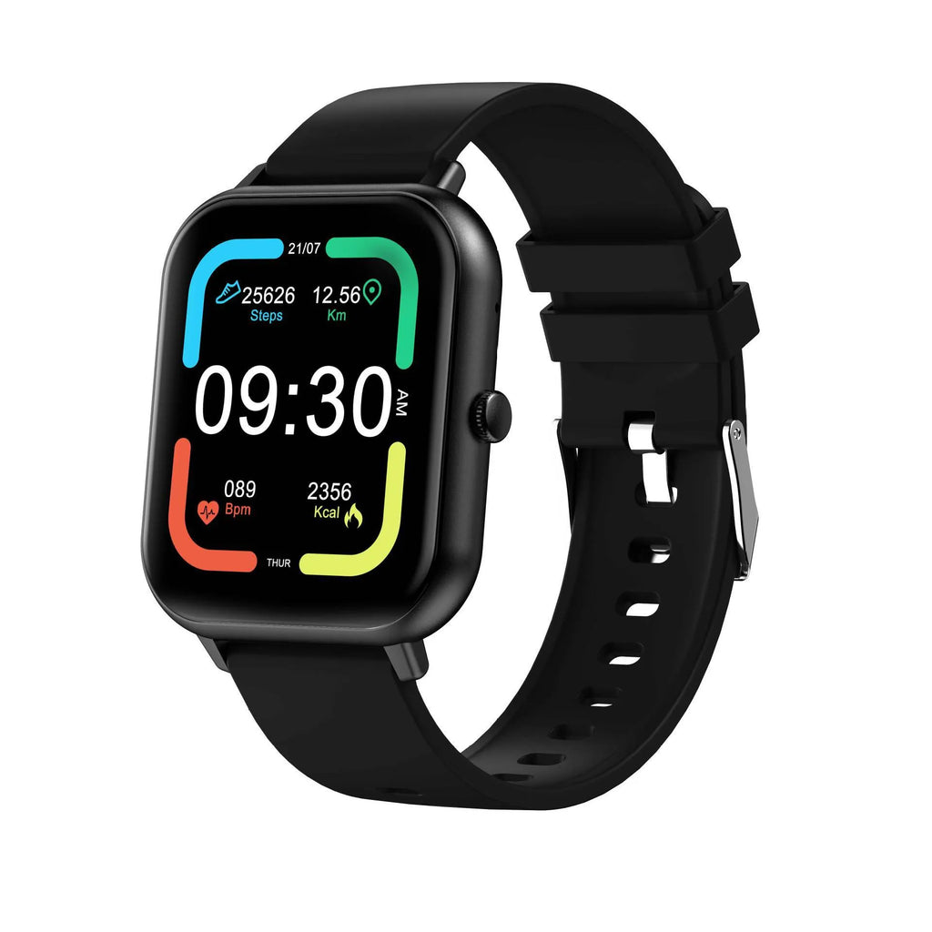 Bluetooth smart watch on wrist showing TFT screen, available in black, pink, silver gray, or khaki.
