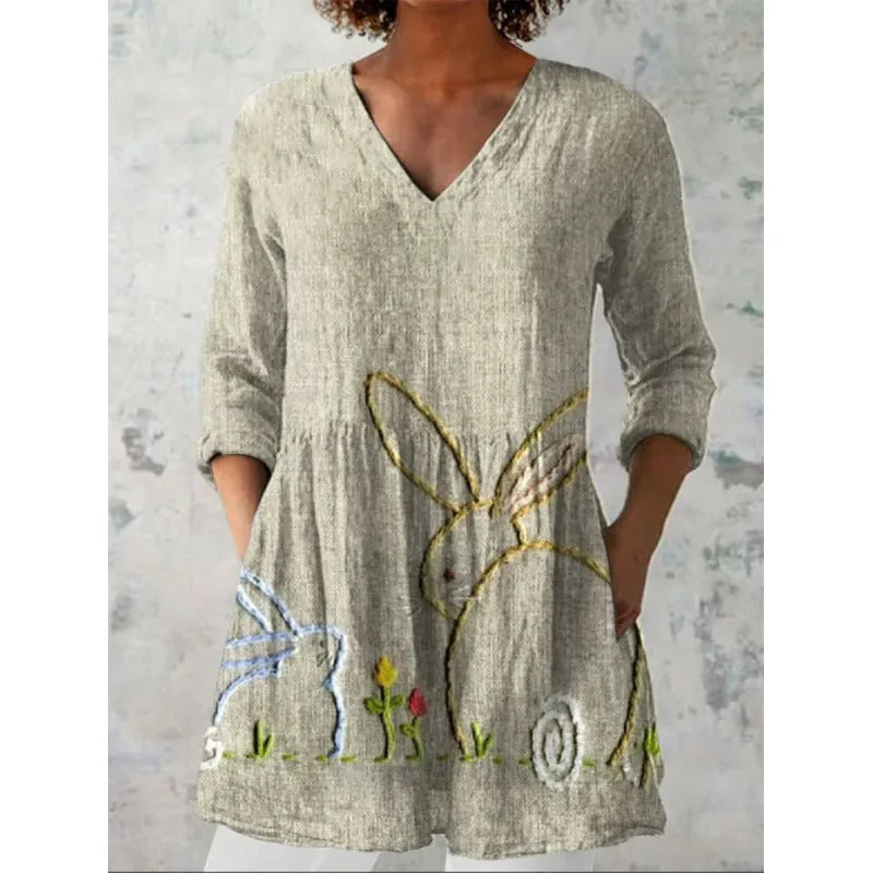 Women's wave pattern printed dress with 3/4 sleeves and loose fit