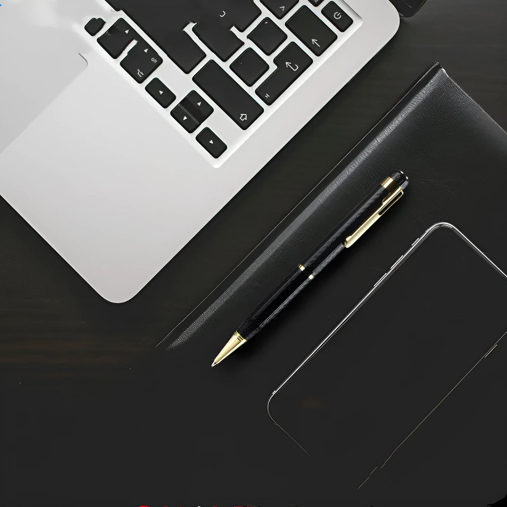 Black pen-shaped voice recorder showing dimensions with included headset and cable