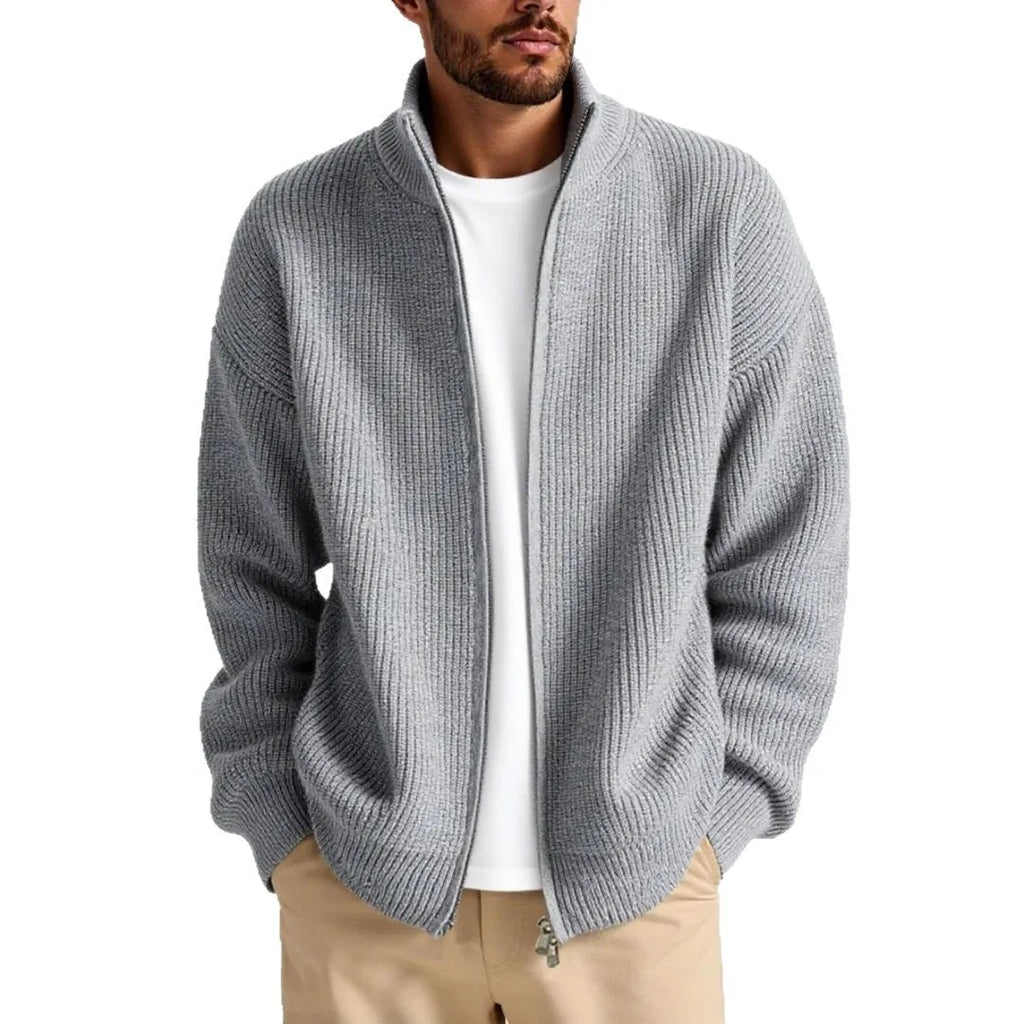 Loose men's cardigan sweater coat in chemical fiber blend available in milky white gray black navy blue and gray green for casual leisure wear