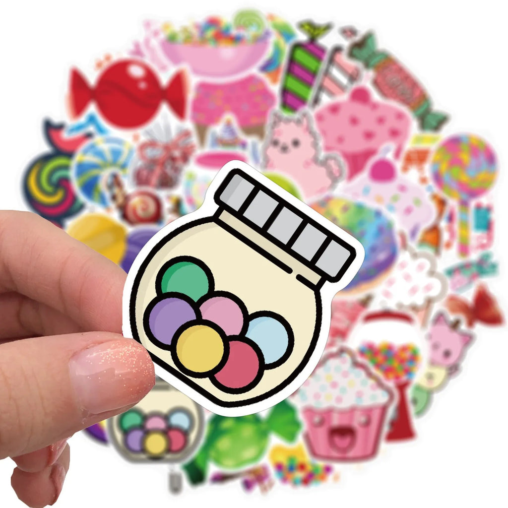 50 colourful candy graffiti stickers with cartoon patterns measuring 4-6cm