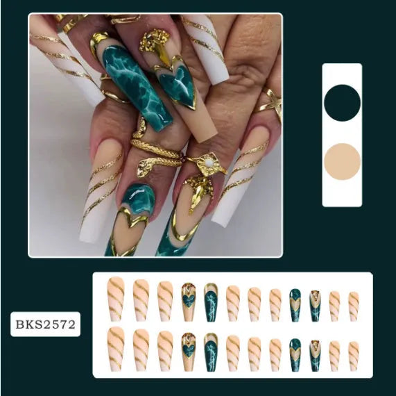 Close-up of finished W067 wave line design nail stickers with jelly glue tube on a manicured hand.