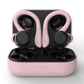Black hanging ear true wireless sports headphones with removable silicone ear hooks and braces on a blue background.