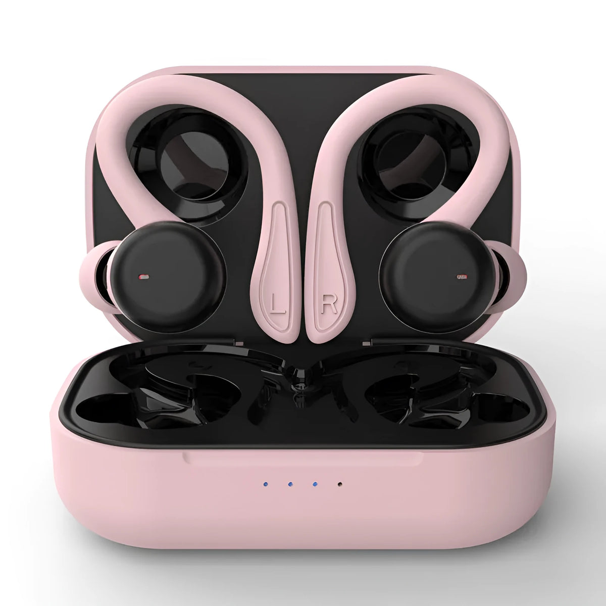 Black hanging ear true wireless sports headphones with removable silicone ear hooks and braces on a blue background.