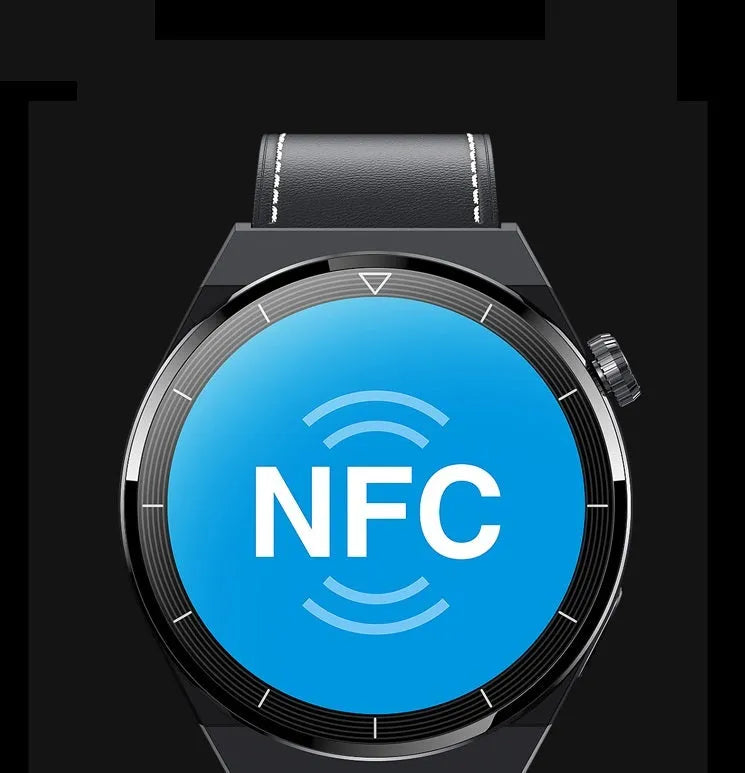 Round smartwatch with black silicone strap showing Bluetooth calling and NFC access control on its 1.36-inch screen