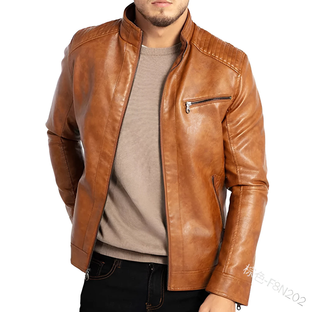 Man wearing a brown punk-style stand collar artificial leather motorcycle jacket with patch pockets.