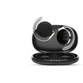 Black and white sports wireless Bluetooth earphones with ear plug design showing bilateral stereo configuration