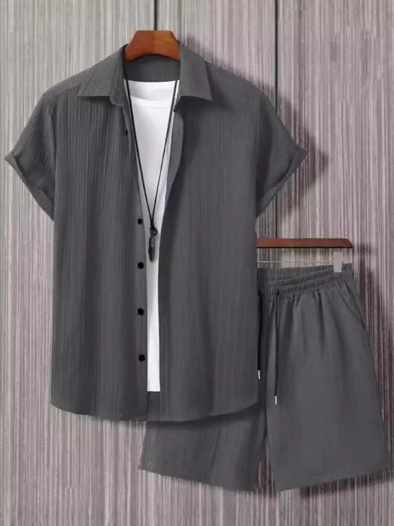 Men's jacquard short sleeve suit set in black with matching shorts