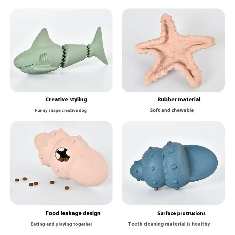 Deep sea shark rubber dog toy with conch and starfish shape variants in blue and green colours