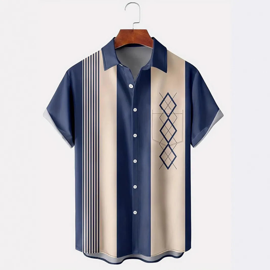 Men's loose fit plaid short-sleeved shirt with lapel collar in a choice of six colours
