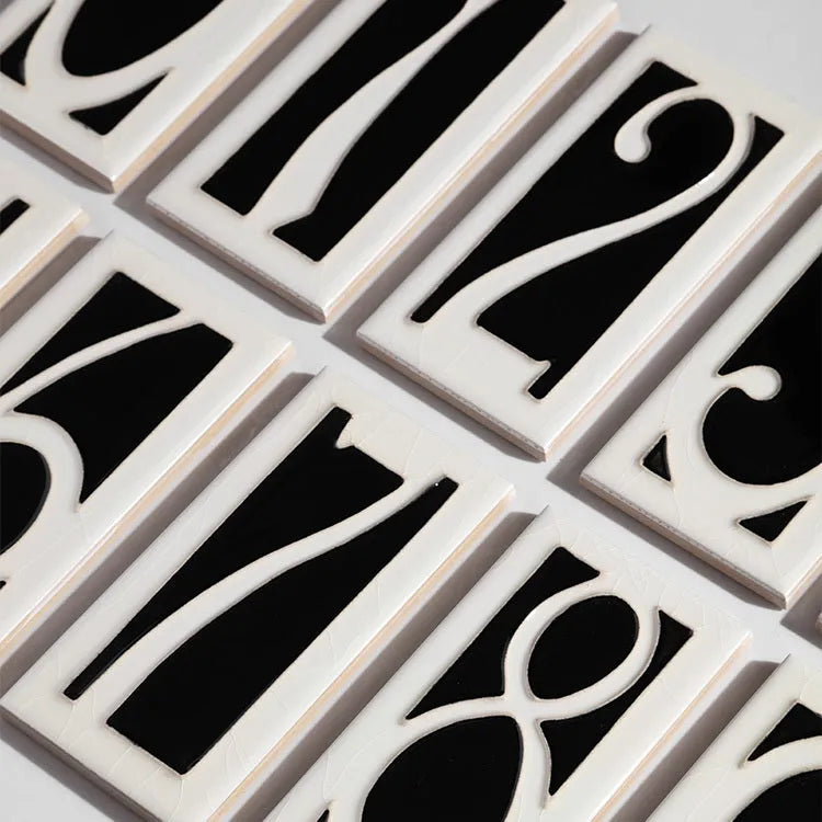 Handmade enamel art ceramic retro doorplate showing a number, dimensions 76mm by 152mm.