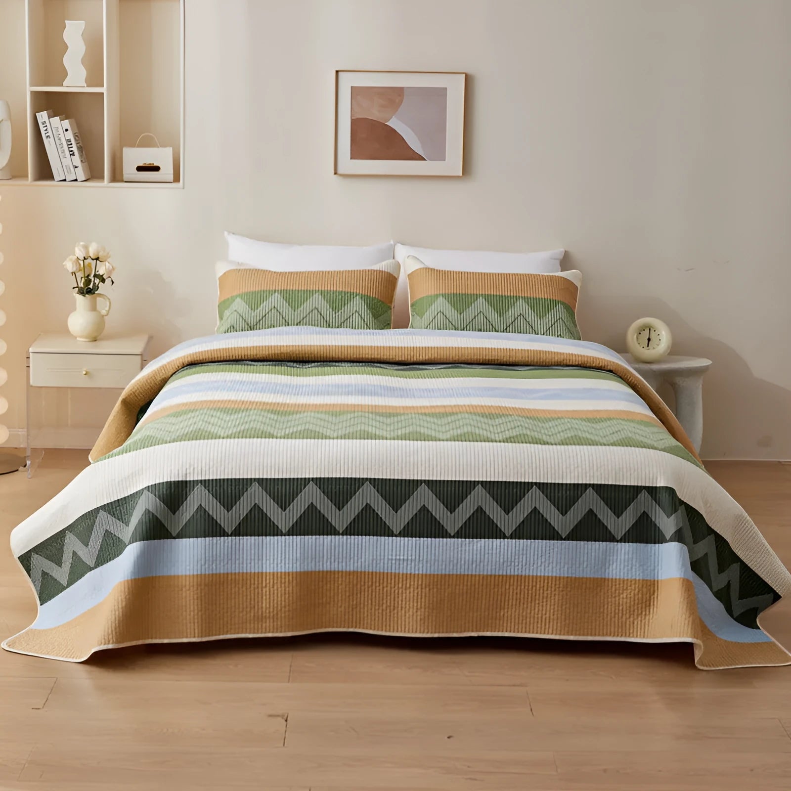 Pure cotton printed bed sheet set on 2.2 metre bed showing modern simplicity design