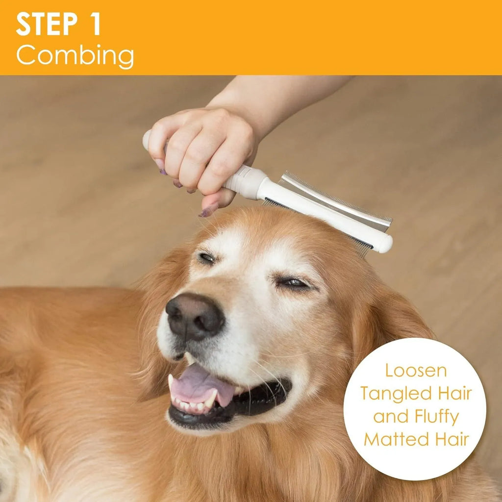 White double-sided dog and cat brush showing grooming comb and deshedding brush sides on a 230mm handle.