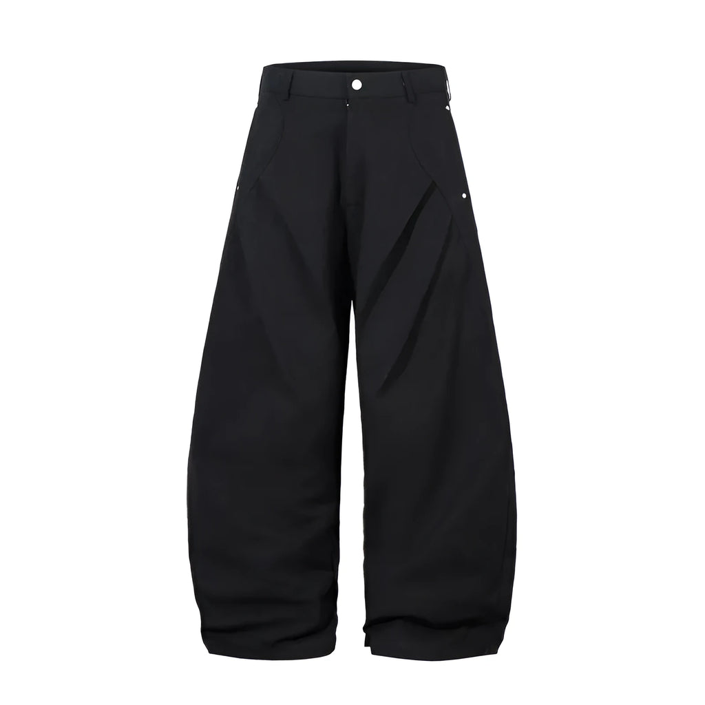 Men's black pleated machete casual trousers with loose-fitting wide-leg design and cotton construction