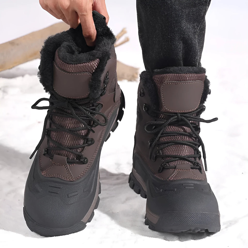 Men's black and khaki high-top boots with fleece lining and lace-up front.