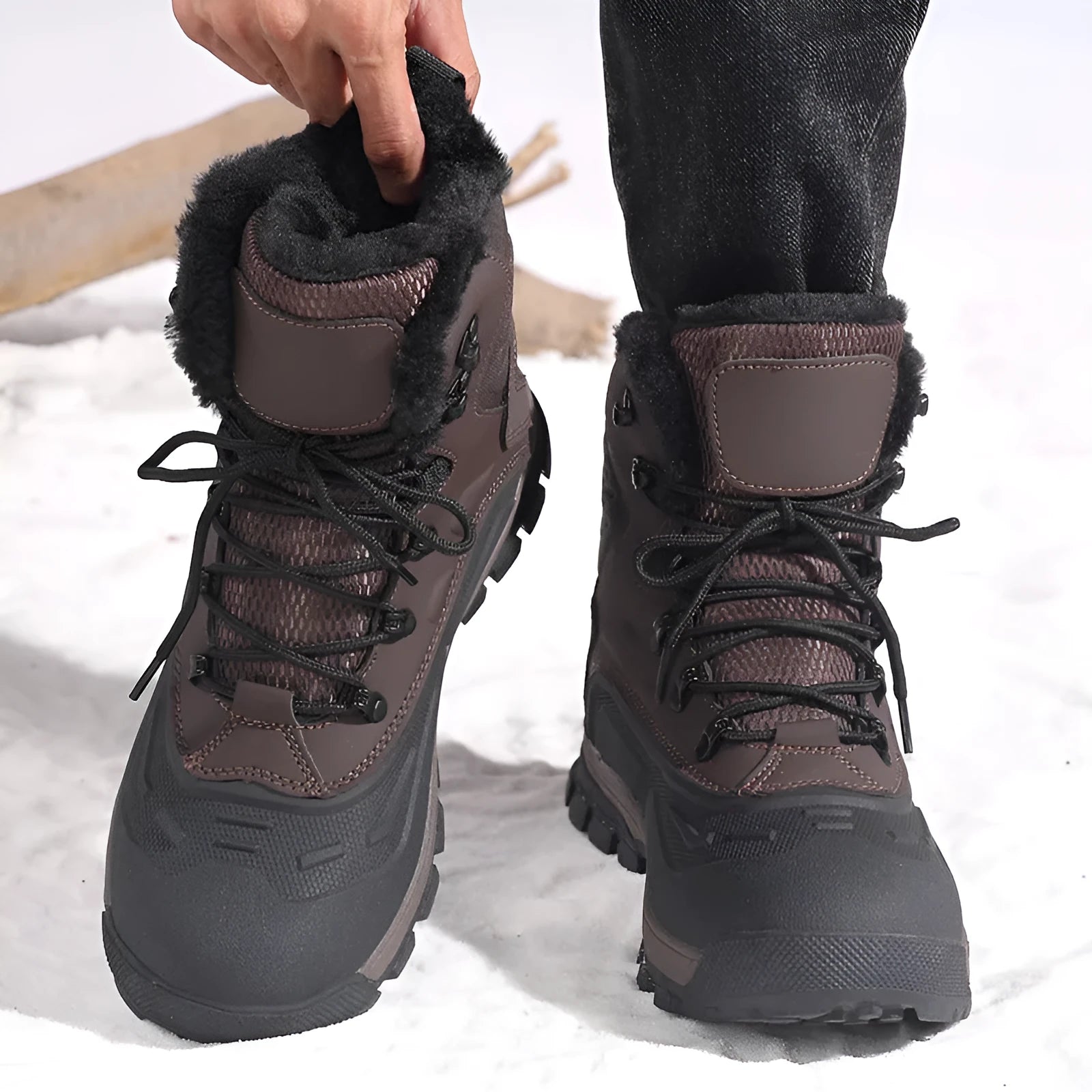 Men's black and khaki high-top boots with fleece lining and lace-up front.