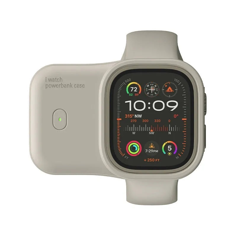 Apple Watch portable wireless charging case with silicone protective sleeve in Brown, Midnight Blue and Starlight colours.