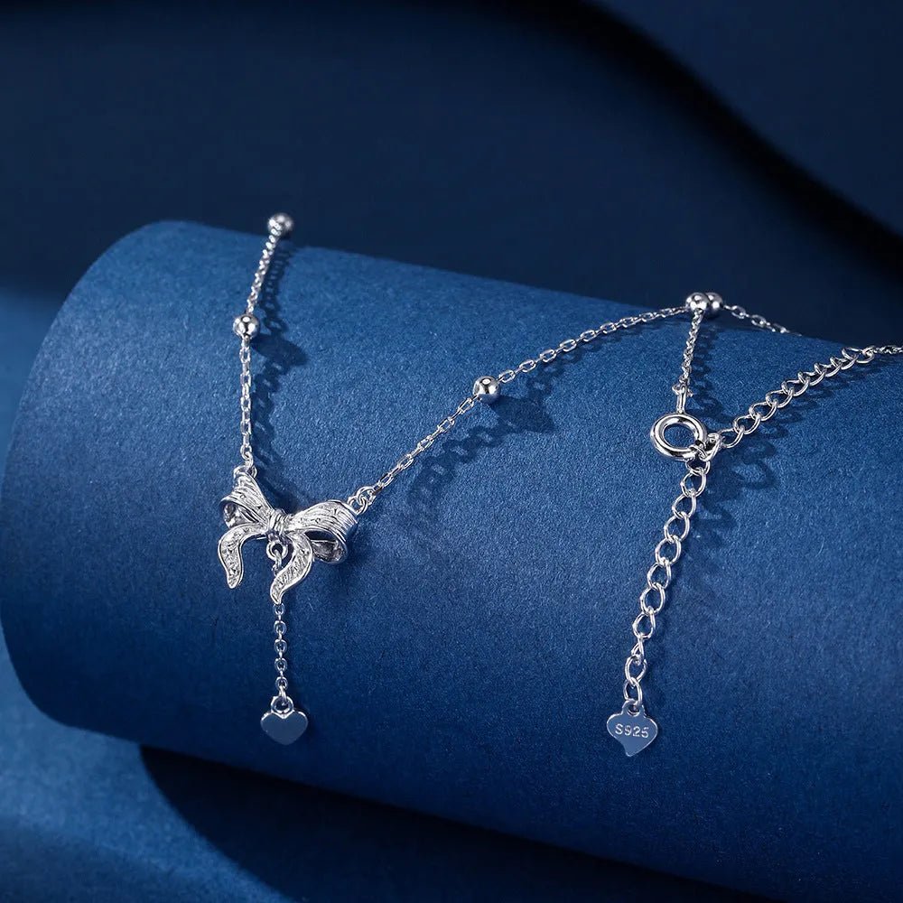 S925 silver butterfly heart and bow pendant necklace on adjustable O-ring chain