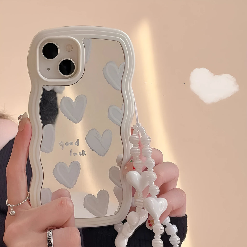 White wave edge silicone phone case with heart mirror and bracelet for Samsung Galaxy models