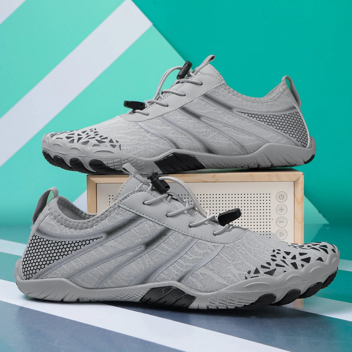 Beach running shoes in stretch Lycra fabric, shown in beige colour.