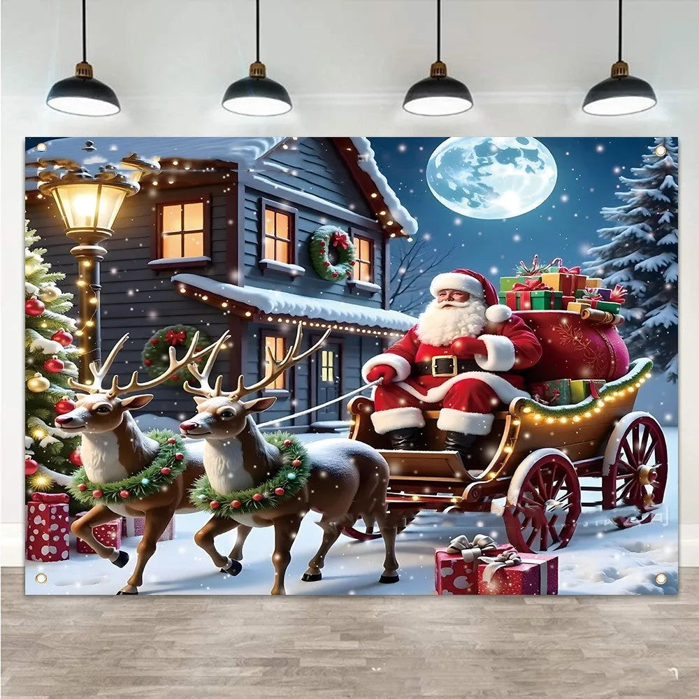 Large red Christmas banner with Santa Claus and gifts on a night scene, measuring 210cm by 150cm.