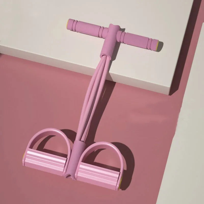 Yoga four piece set showing leg beauty device, yoga ring, pedal tension device, and figure-eight tension rope for home fitness.