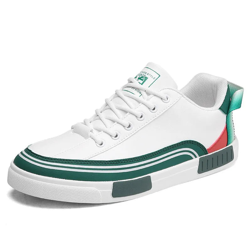 Men's white and green canvas casual shoes with visible mesh panel sections on a flat heel.