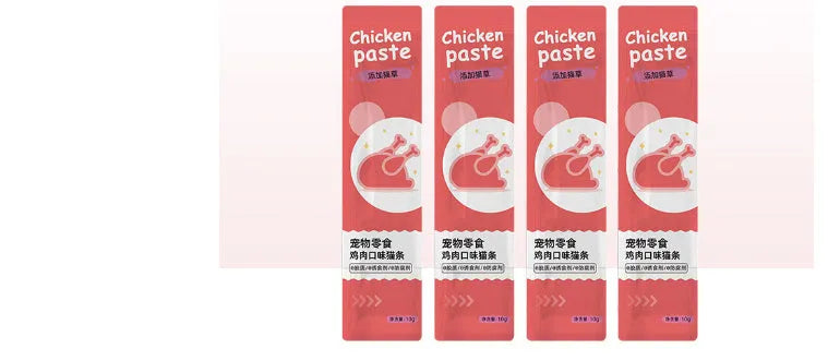 Pouch of 10 cat strip treats showing chicken, duck, salmon, and tuna flavour varieties.