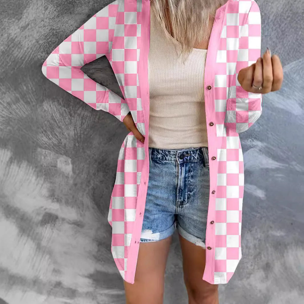 Women's long grey plaid cardigan coat with loose knit and regular sleeves, laid flat.