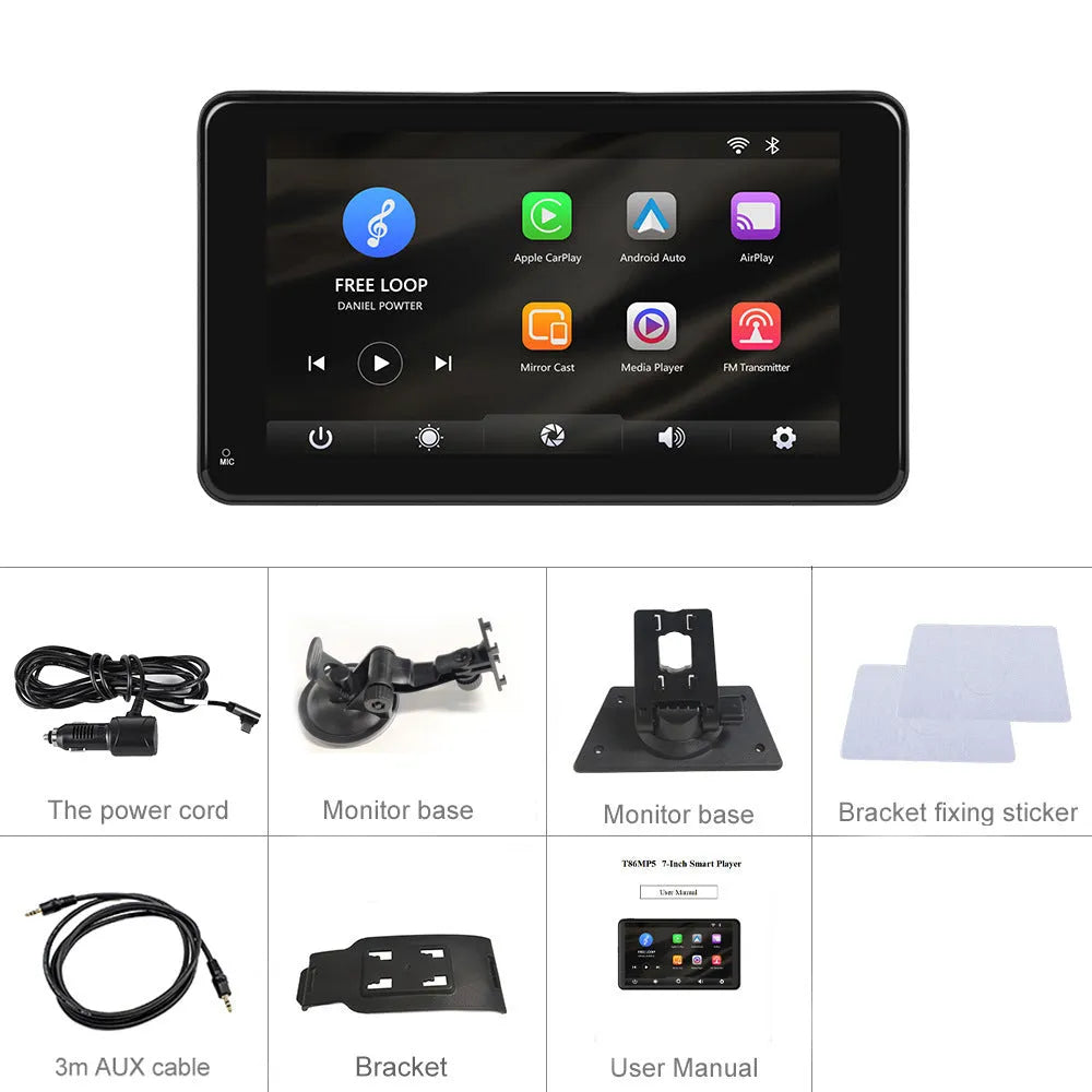 7-inch HD wired car smart screen player with universal mounting brackets and cigarette lighter plug