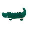 Green plush dog toy measuring 35cm long with soft texture for children's play