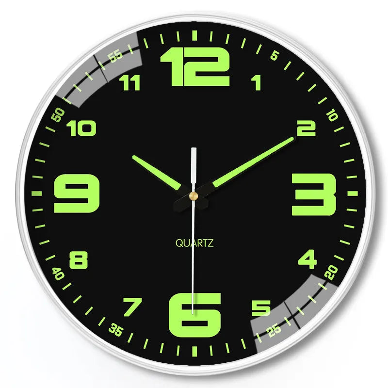 Modern 8-inch luminous wall clock with white plastic case on a wall.