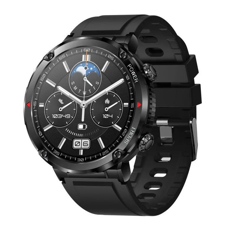 T30 Smart Watch with black silicone strap showing 52mm IPS screen displaying time and heart rate