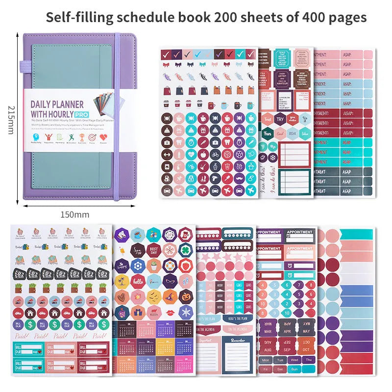 Creative undated notebook with PU leather-style cover in purple, green, black, grey, pink, or orange.