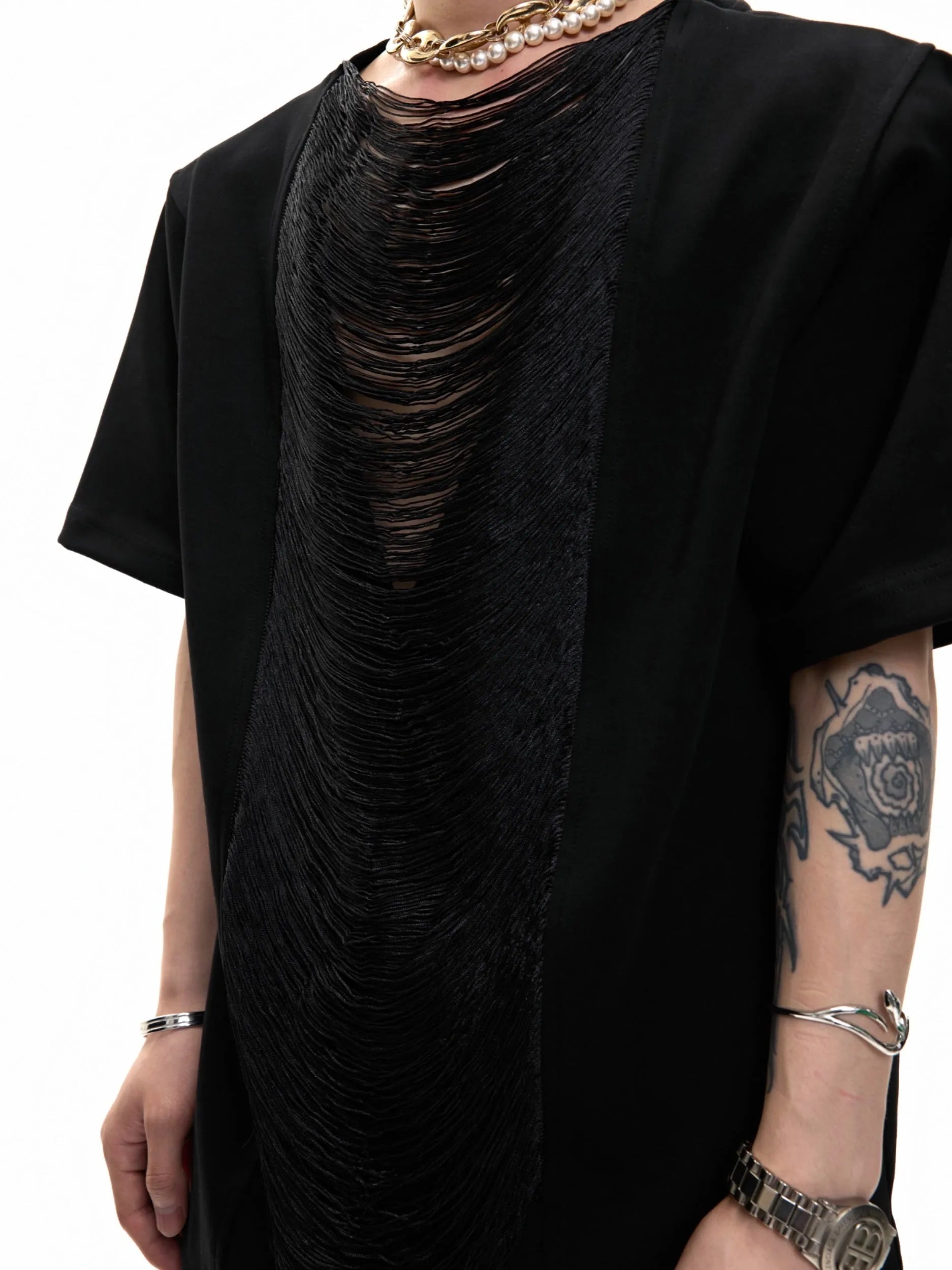 Loose black polyester men's t-shirt with 3D cut tassel details and hollow out design