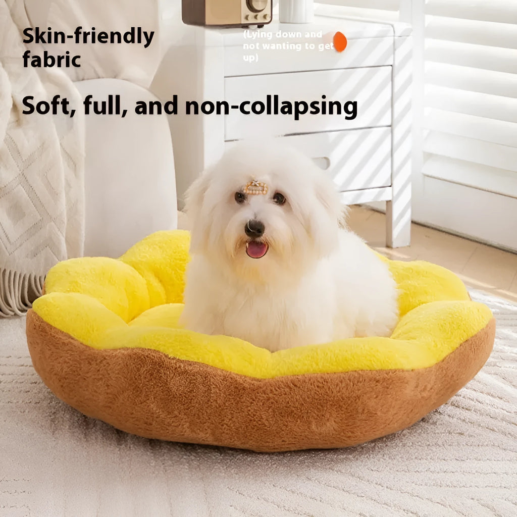 Round plush cat bed with detachable cover in yellow brown colour showing nest design