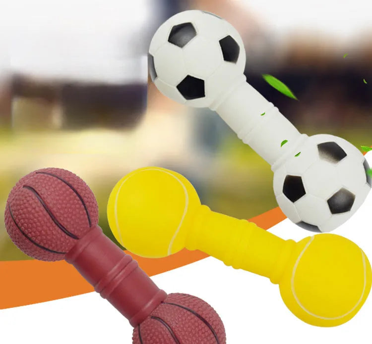 Brown orange white yellow football dumbbell shaped PVC dog chew toy with squeaker