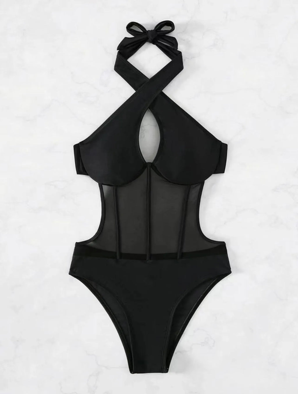 Ladies one-piece swimsuit bikini in nylon spandex blend showing black, rose red, and green colour options