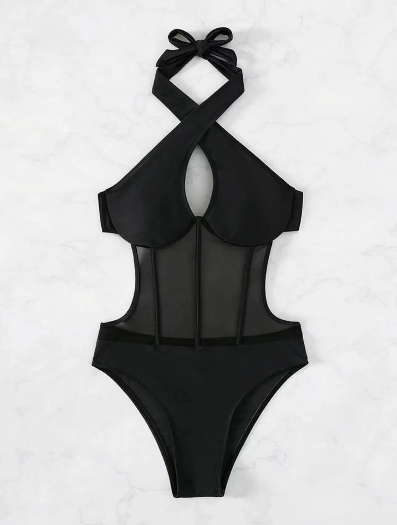 Ladies one-piece swimsuit bikini in nylon spandex blend showing black, rose red, and green colour options